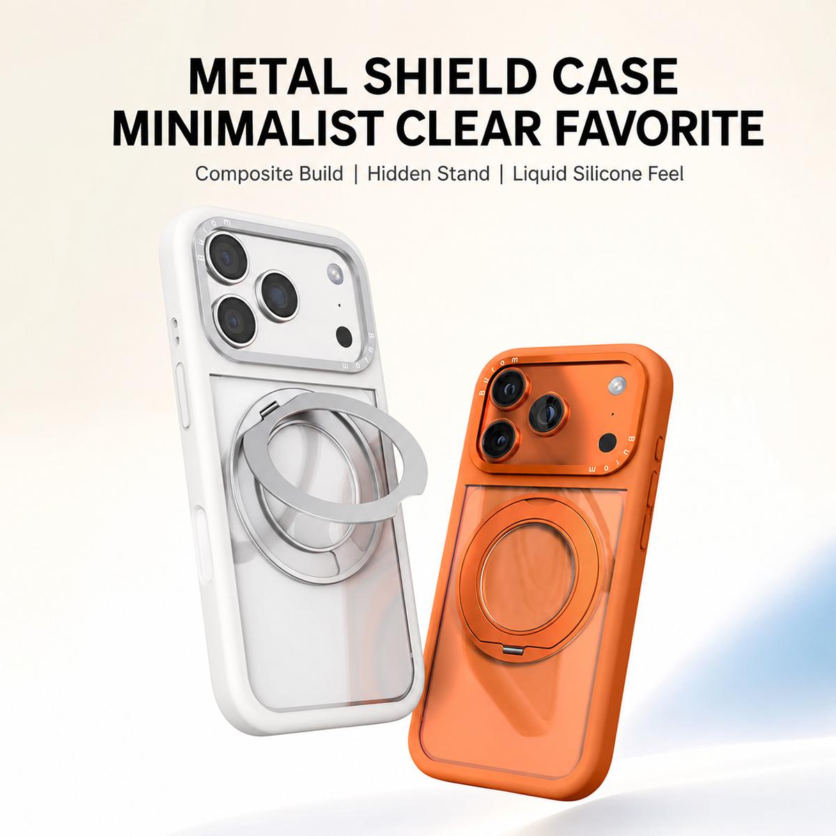 Compatible with iPhone 18 Pro Max Liquid Silicone Frame Dual-Layer Clear Back Panel Rotatable Magnetic Holder Phone Case - Light Pink