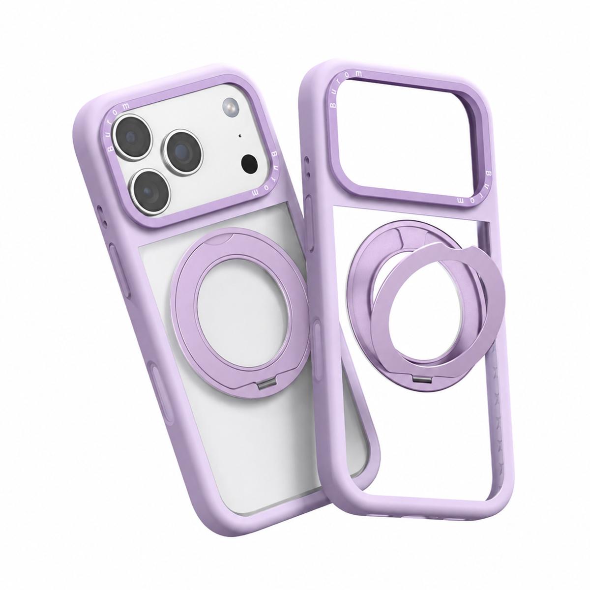 Compatible with iPhone 18 Pro Liquid Silicone Frame Dual-Layer Clear Back Panel Rotatable Magnetic Holder Phone Case - Purple