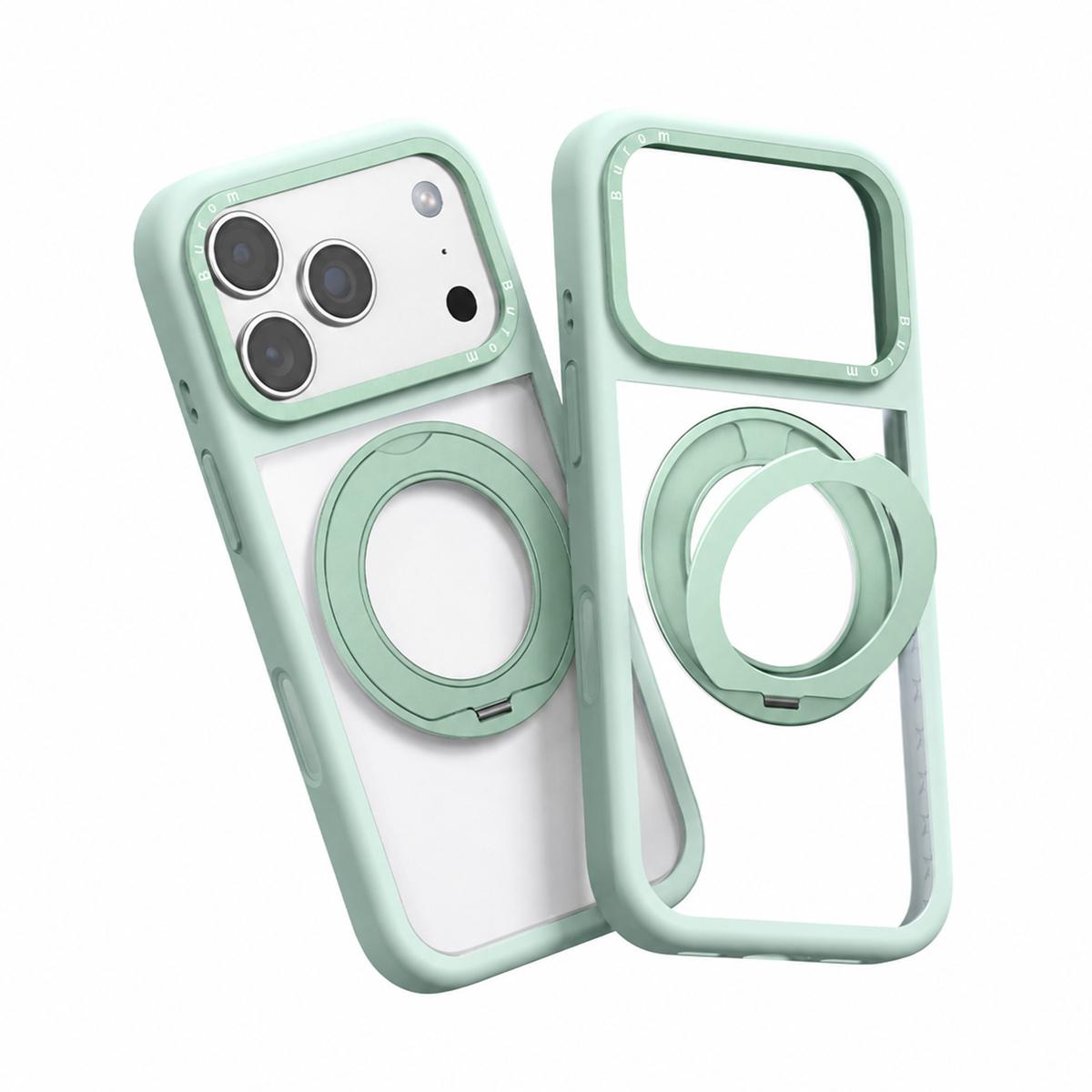 Compatible with iPhone 18 Pro Liquid Silicone Frame Dual-Layer Clear Back Panel Rotatable Magnetic Holder Phone Case - Green