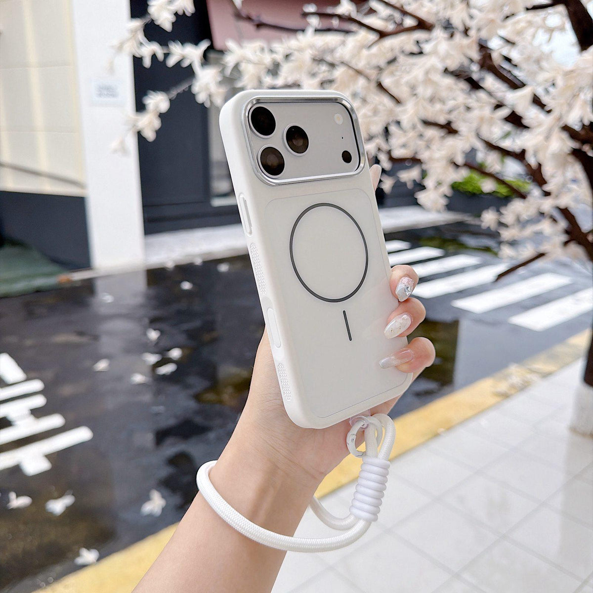 Compatible with iPhone 18 Pro Max Color Contrast Magnetic Phone Case with Wrist Strap - White