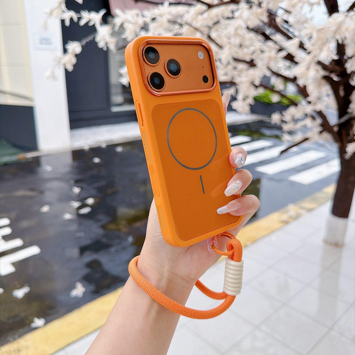 Compatible with iPhone 18 Pro Max Color Contrast Magnetic Phone Case with Wrist Strap - Orange
