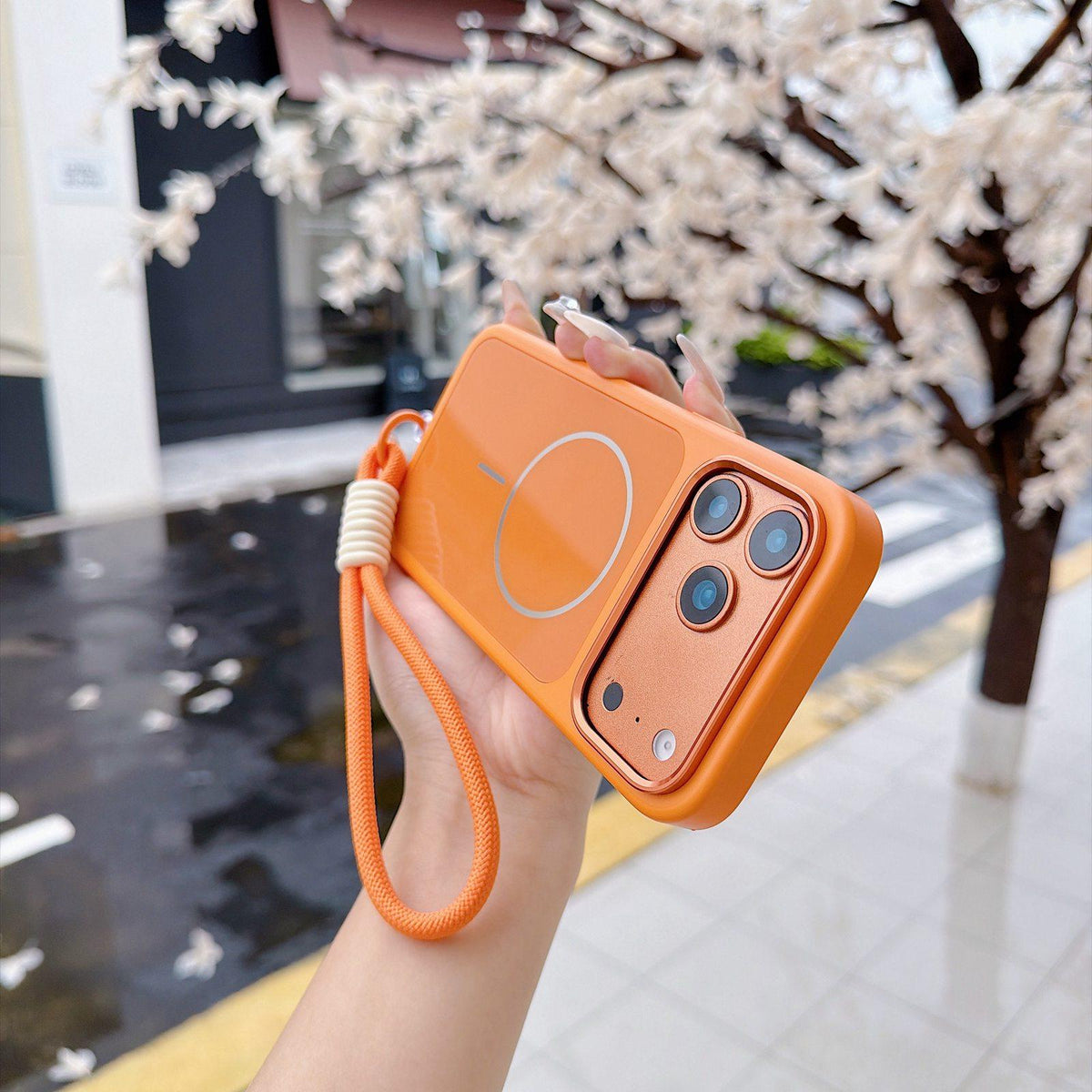 Compatible with iPhone 18 Pro Max Color Contrast Magnetic Phone Case with Wrist Strap - Orange