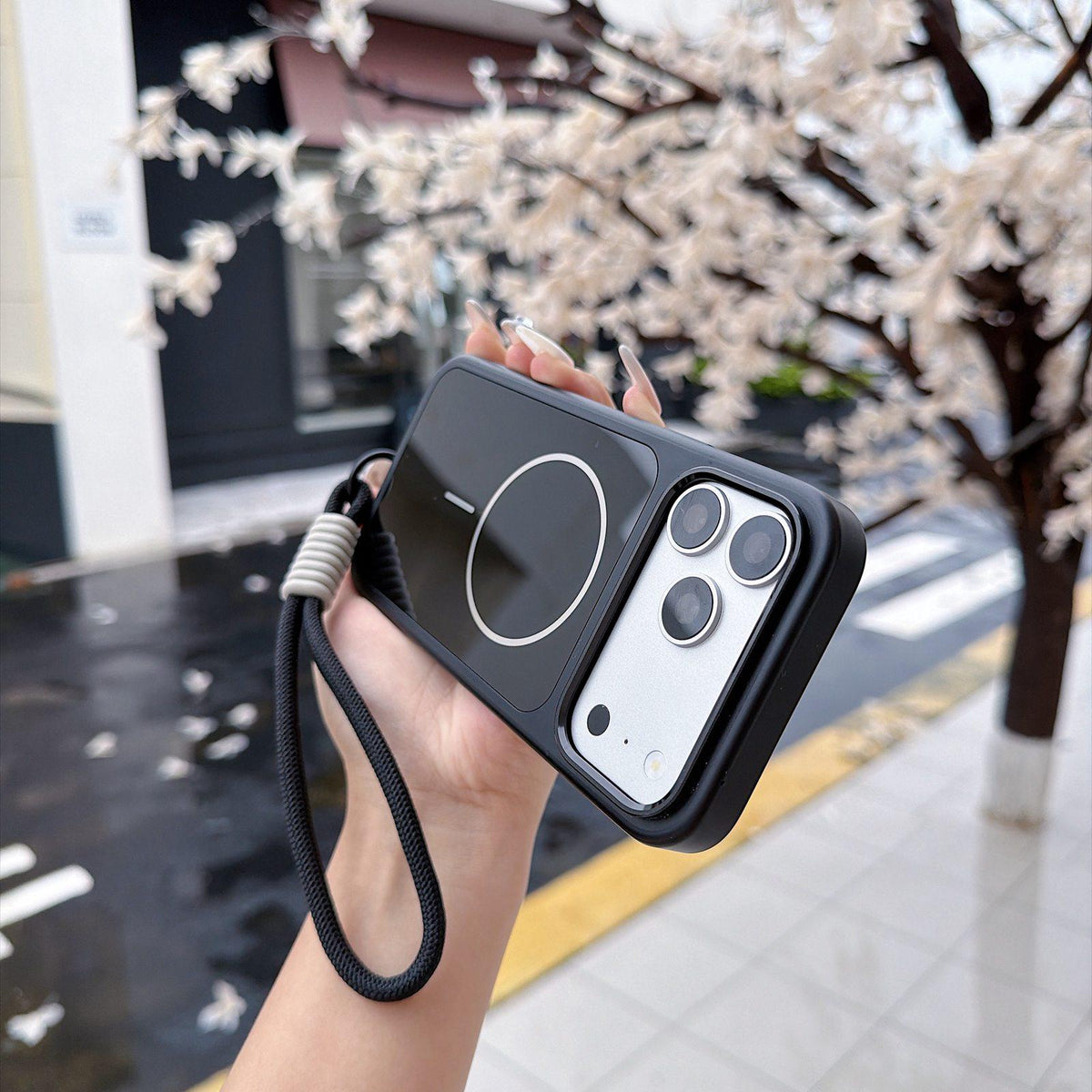 Compatible with iPhone 18 Pro Color Contrast Magnetic Phone Case with Wrist Strap - Black