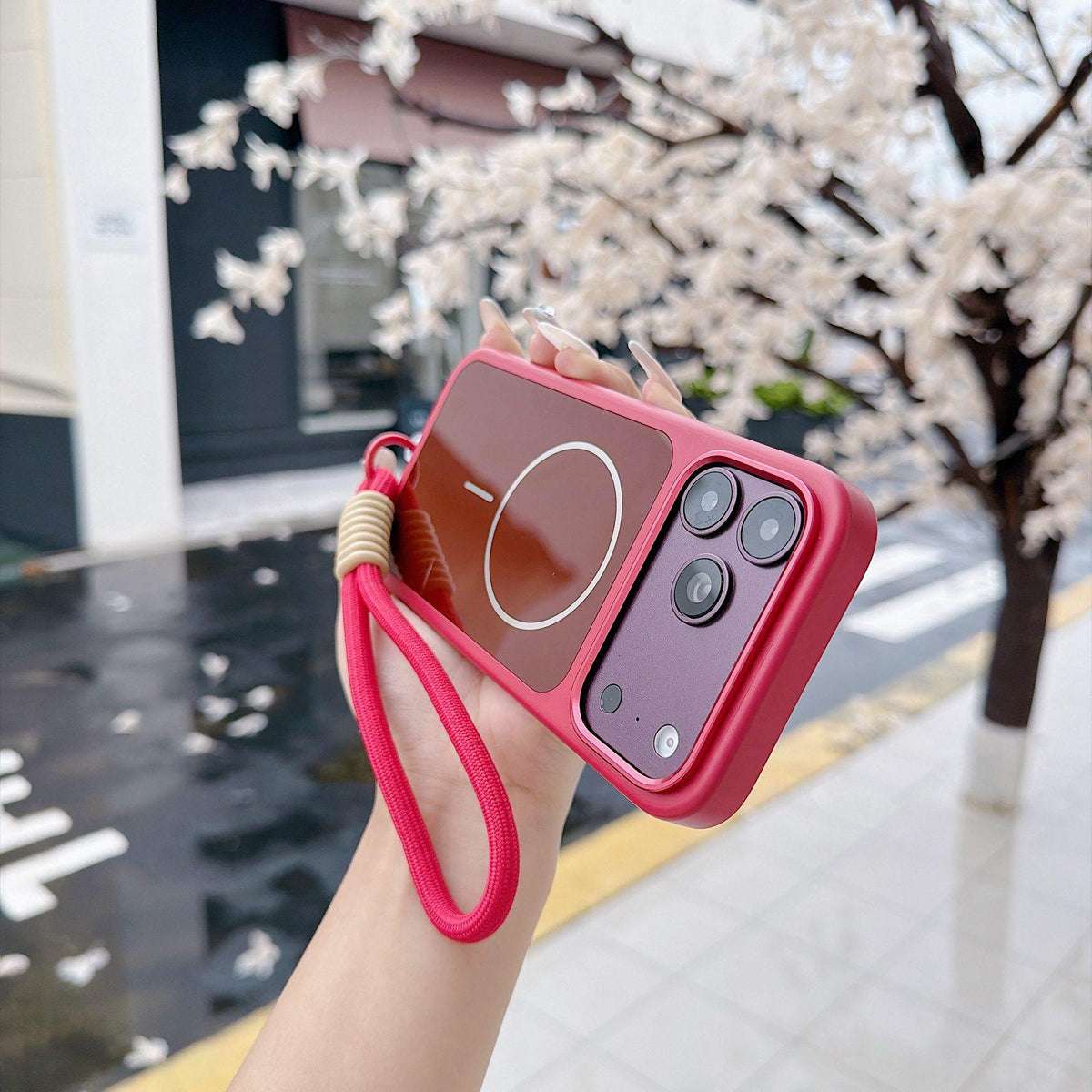 Compatible with iPhone 18 Pro Color Contrast Magnetic Phone Case with Wrist Strap - Red