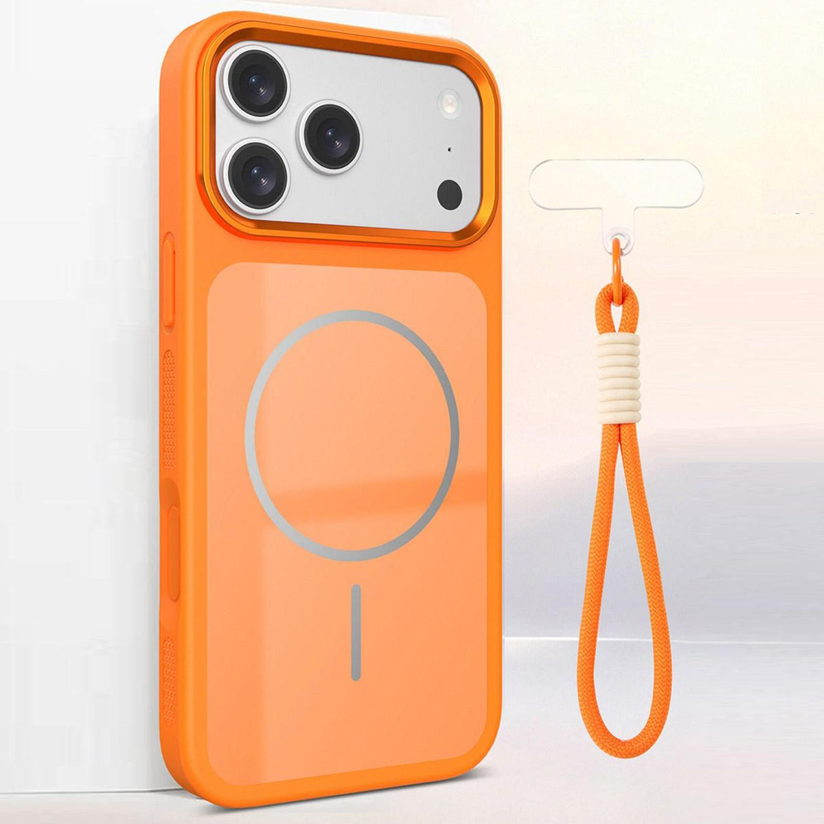 Compatible with iPhone 18 Pro Color Contrast Magnetic Phone Case with Wrist Strap - Orange