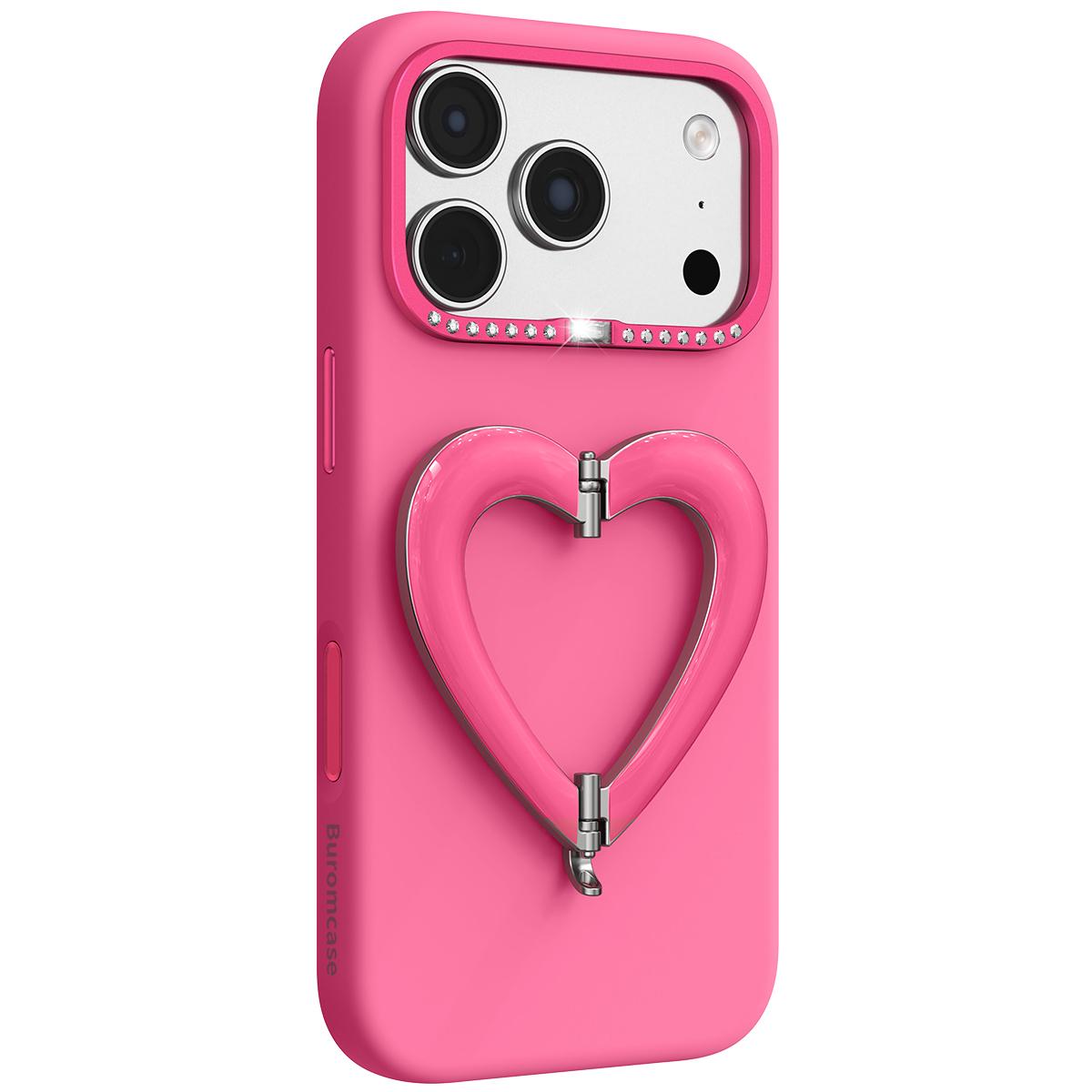 Compatible with iPhone 18 Pro Liquid Silicone Metal Heart-Shaped Kickstand Phone Case - Rose Red