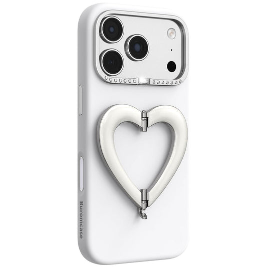 Compatible with iPhone 18 Pro Max Liquid Silicone Metal Heart-Shaped Kickstand Phone Case - White