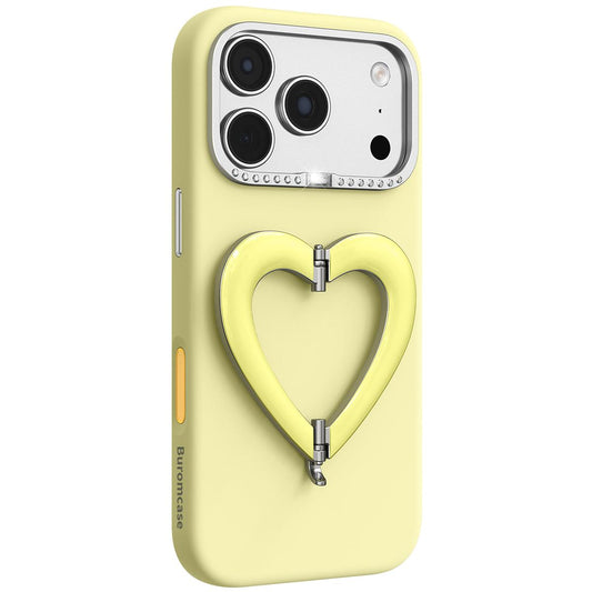 Compatible with iPhone 18 Pro Max Liquid Silicone Metal Heart-Shaped Kickstand Phone Case - Yellow