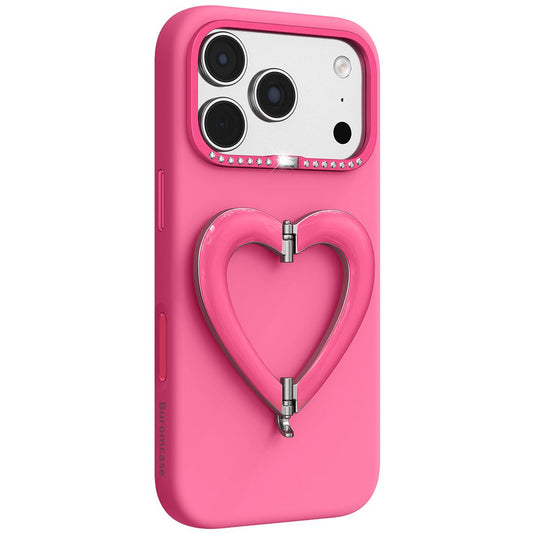 Compatible with iPhone 18 Pro Max Liquid Silicone Metal Heart-Shaped Kickstand Phone Case - Rose Red