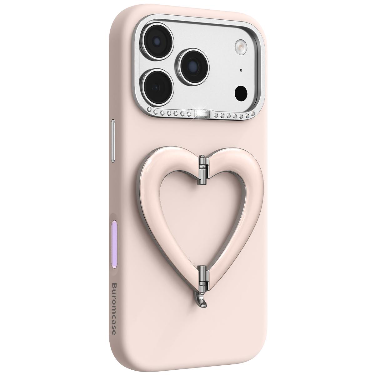Compatible with iPhone 18 Pro Max Liquid Silicone Metal Heart-Shaped Kickstand Phone Case - Pink