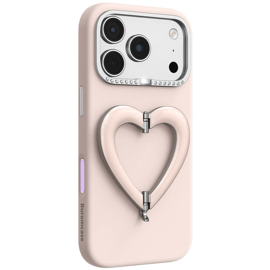 Compatible with iPhone 18 Pro Max Liquid Silicone Metal Heart-Shaped Kickstand Phone Case - Pink