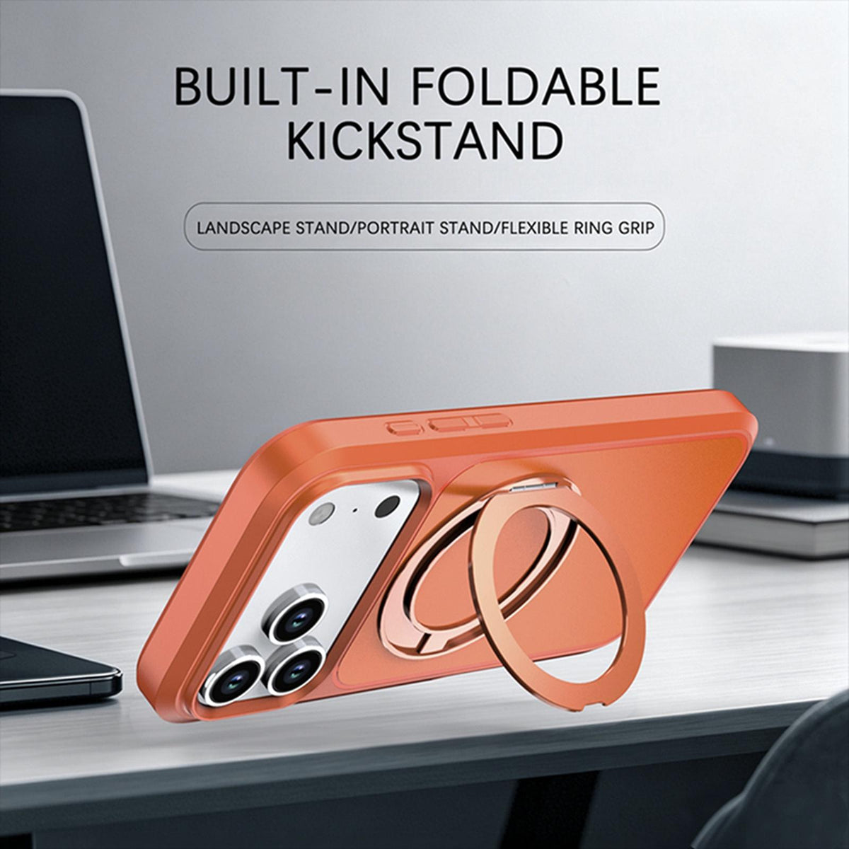 Compatible with iPhone 18 Pro Silicone Magnetic Anti-drop Protective Phone Case with 360 Rotating Holder - Orange