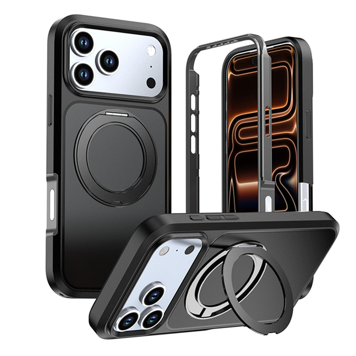 Compatible with iPhone 18 Pro Silicone Magnetic Anti-drop Protective Phone Case with 360 Rotating Holder - Black