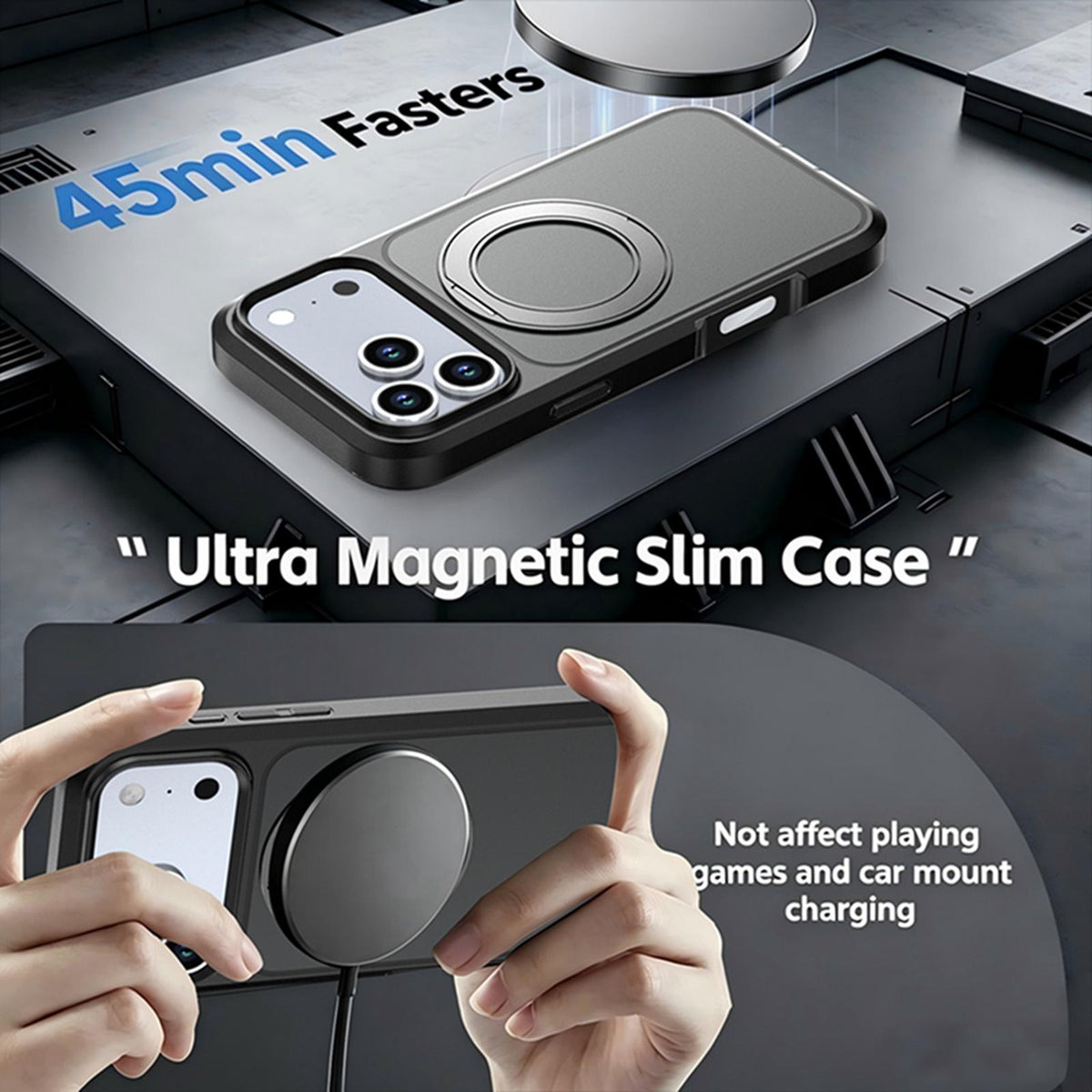 Compatible with iPhone 18 Pro Silicone Magnetic Anti-drop Protective Phone Case with 360 Rotating Holder - Black