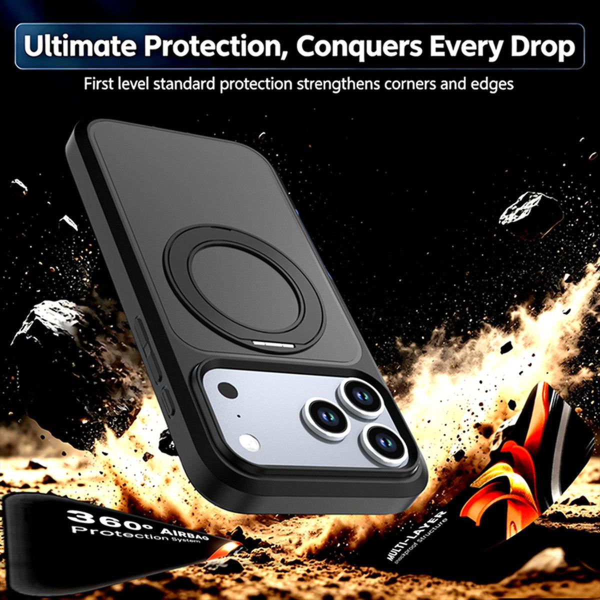 Compatible with iPhone 18 Pro Silicone Magnetic Anti-drop Protective Phone Case with 360 Rotating Holder - Black