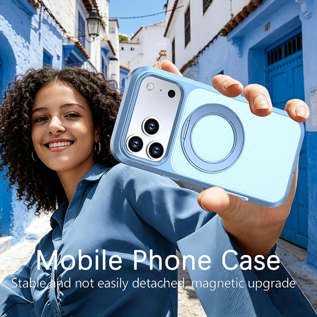 Compatible with iPhone 18 Pro Max Silicone Magnetic Anti-drop Protective Phone Case with 360 Rotating Holder - Ice Blue