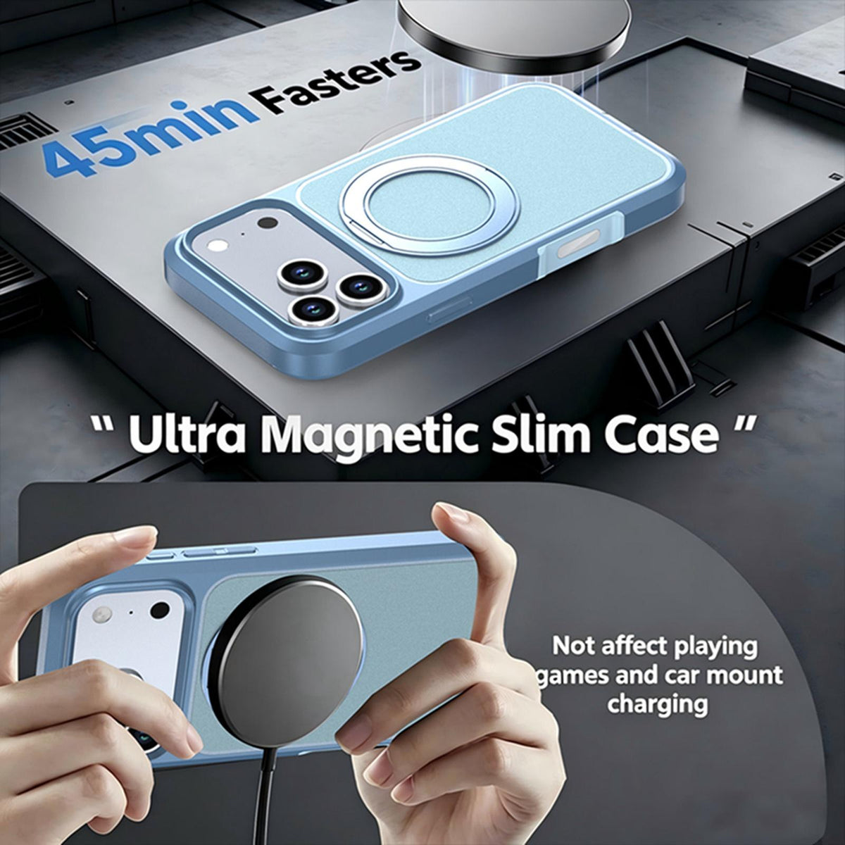Compatible with iPhone 18 Pro Max Silicone Magnetic Anti-drop Protective Phone Case with 360 Rotating Holder - Ice Blue