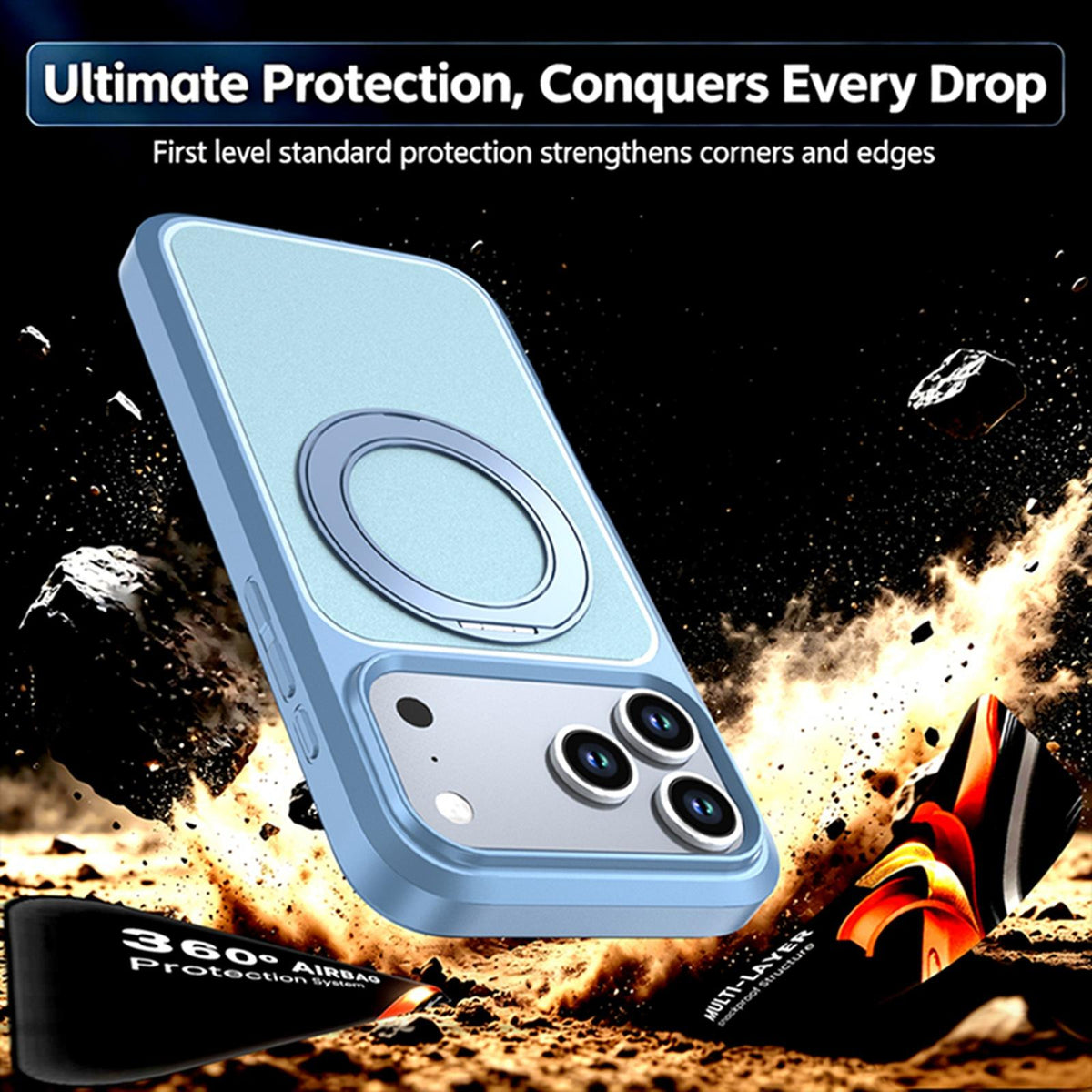 Compatible with iPhone 18 Pro Max Silicone Magnetic Anti-drop Protective Phone Case with 360 Rotating Holder - Ice Blue