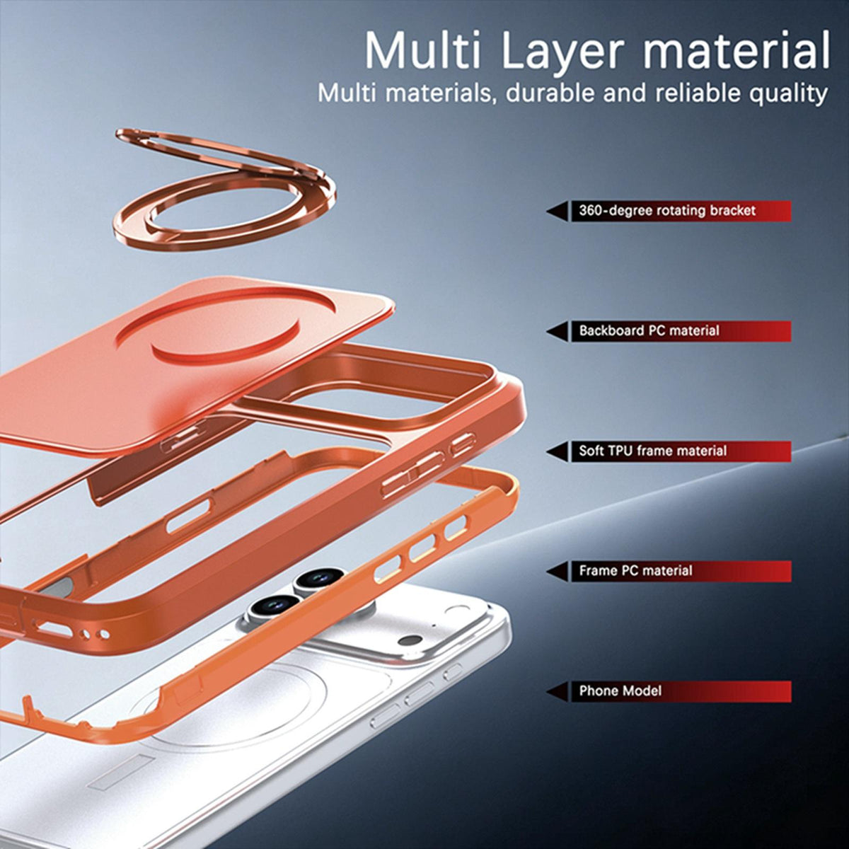 Compatible with iPhone 18 Pro Max Silicone Magnetic Anti-drop Protective Phone Case with 360 Rotating Holder - Orange