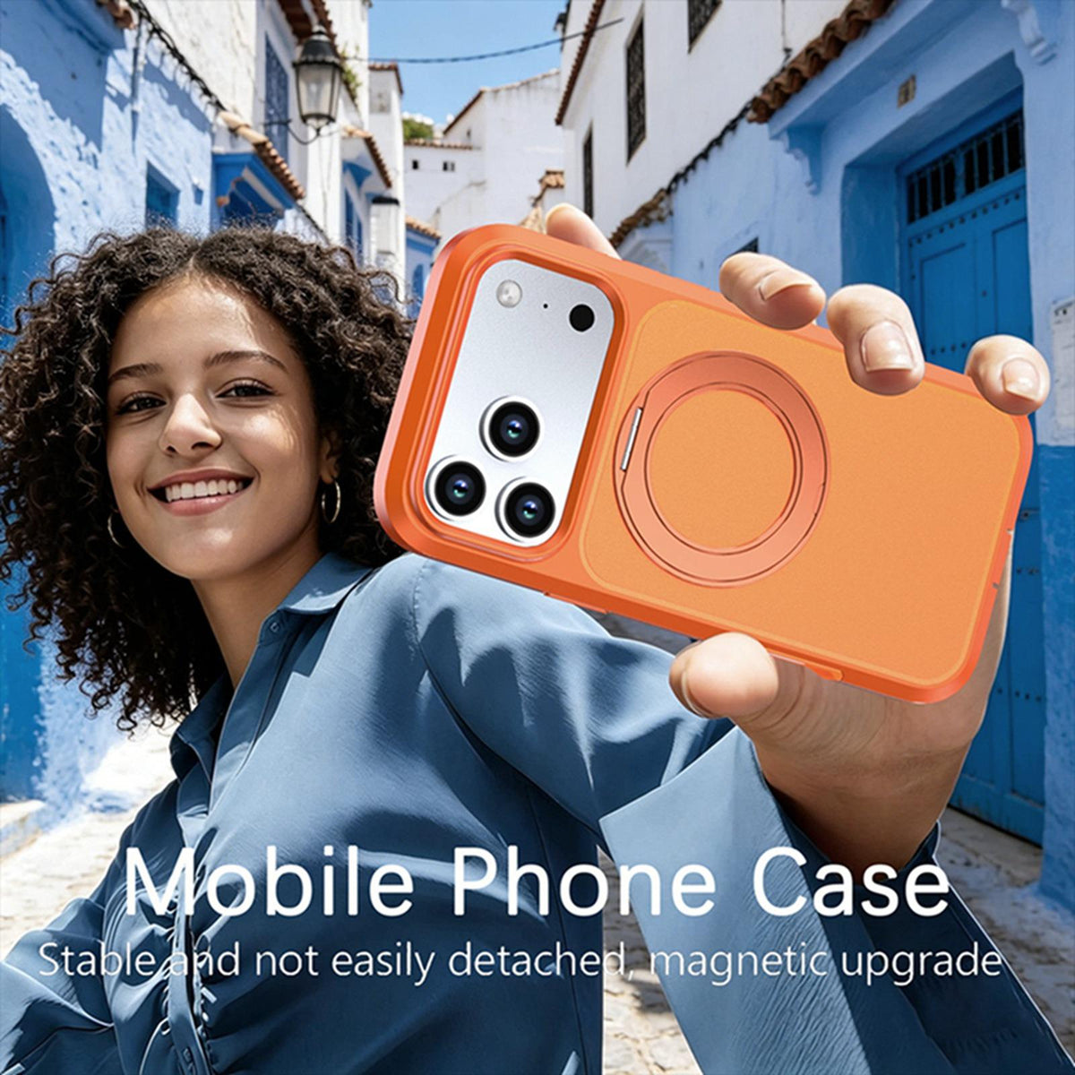 Compatible with iPhone 18 Pro Max Silicone Magnetic Anti-drop Protective Phone Case with 360 Rotating Holder - Orange