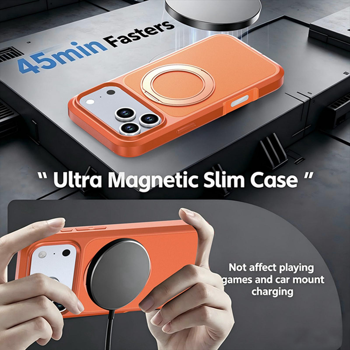 Compatible with iPhone 18 Pro Max Silicone Magnetic Anti-drop Protective Phone Case with 360 Rotating Holder - Orange