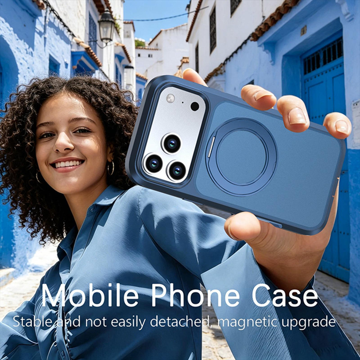 Compatible with iPhone 18 Pro Max Silicone Magnetic Anti-drop Protective Phone Case with 360 Rotating Holder - Blue