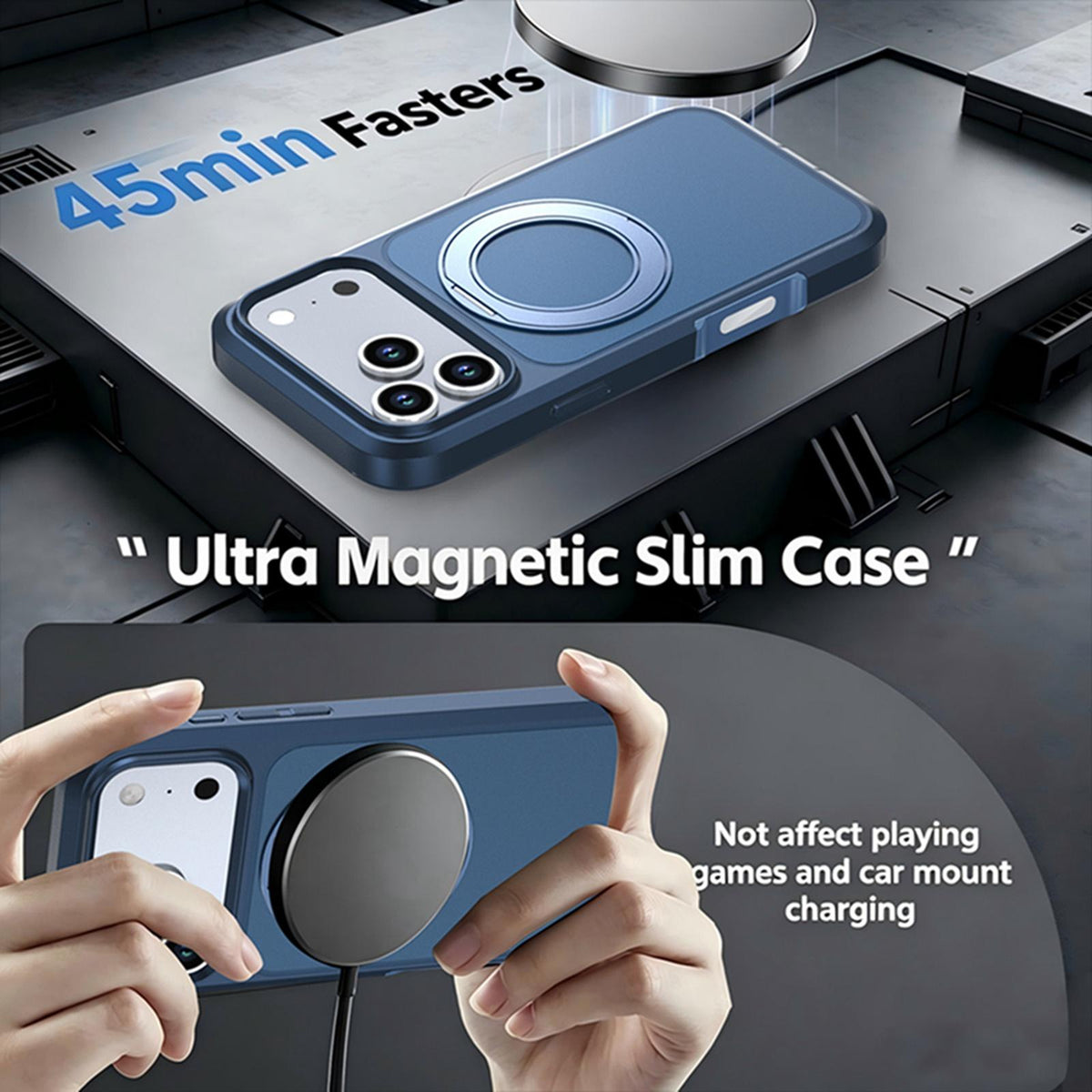 Compatible with iPhone 18 Pro Max Silicone Magnetic Anti-drop Protective Phone Case with 360 Rotating Holder - Blue
