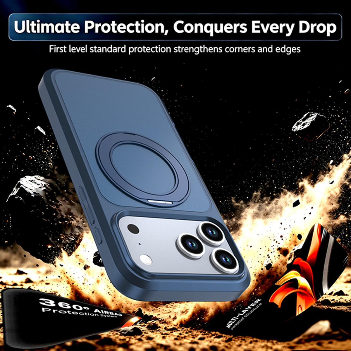 Compatible with iPhone 18 Pro Max Silicone Magnetic Anti-drop Protective Phone Case with 360 Rotating Holder - Blue