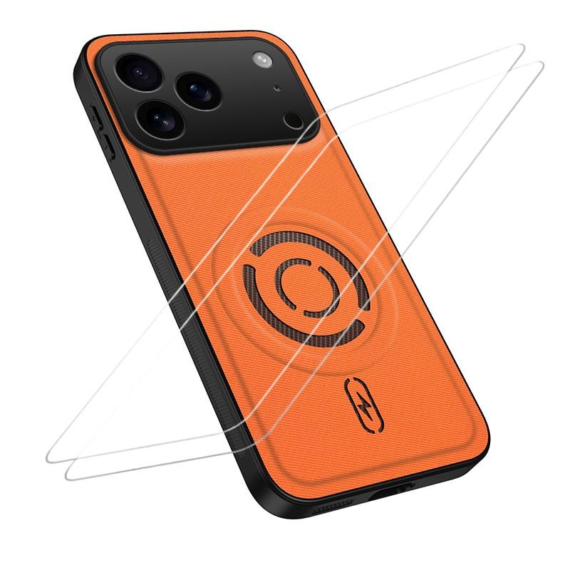 Compatible with iPhone 18 Pro Max WANLONFENG Tech Fabric Texture Magnetic Phone Case with 2pcs Screen Films - Orange