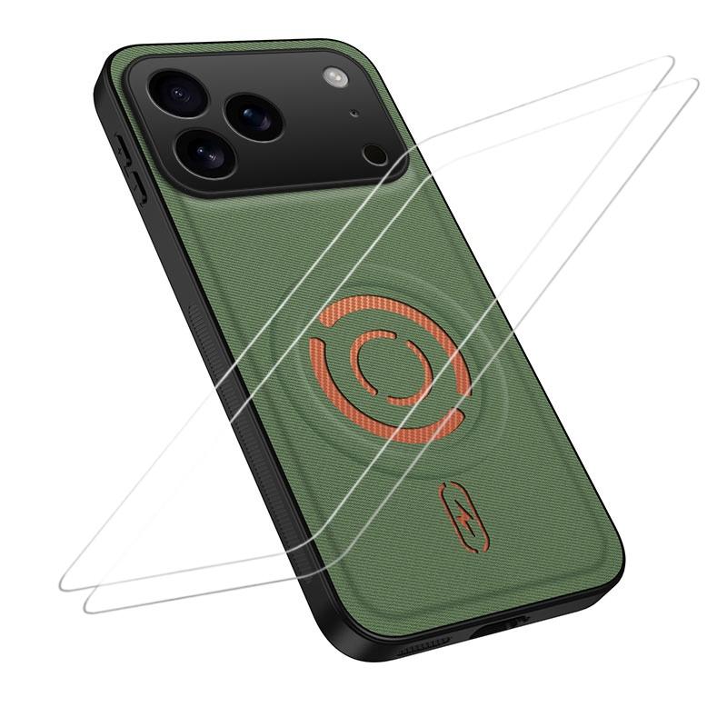 Compatible with iPhone 18 Pro Max WANLONFENG Tech Fabric Texture Magnetic Phone Case with 2pcs Screen Films - Green