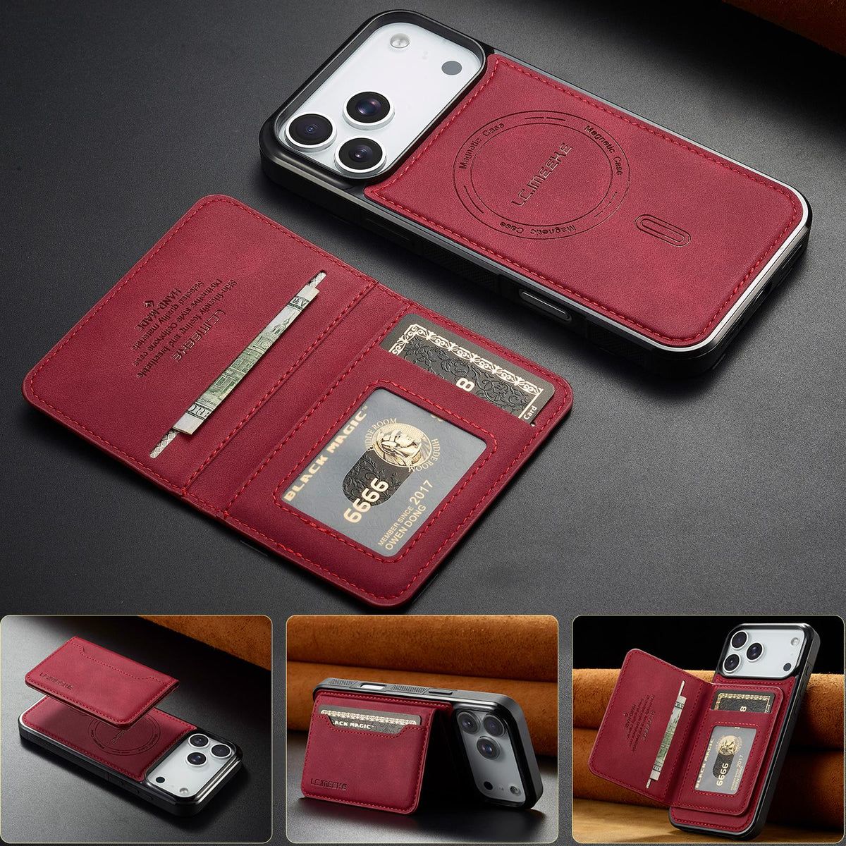 Compatible with iPhone 18 Pro Max & 17 Pro Max LC.IMEEKE L7 Series RFID Card Bag Magnetic Phone Case - Red
