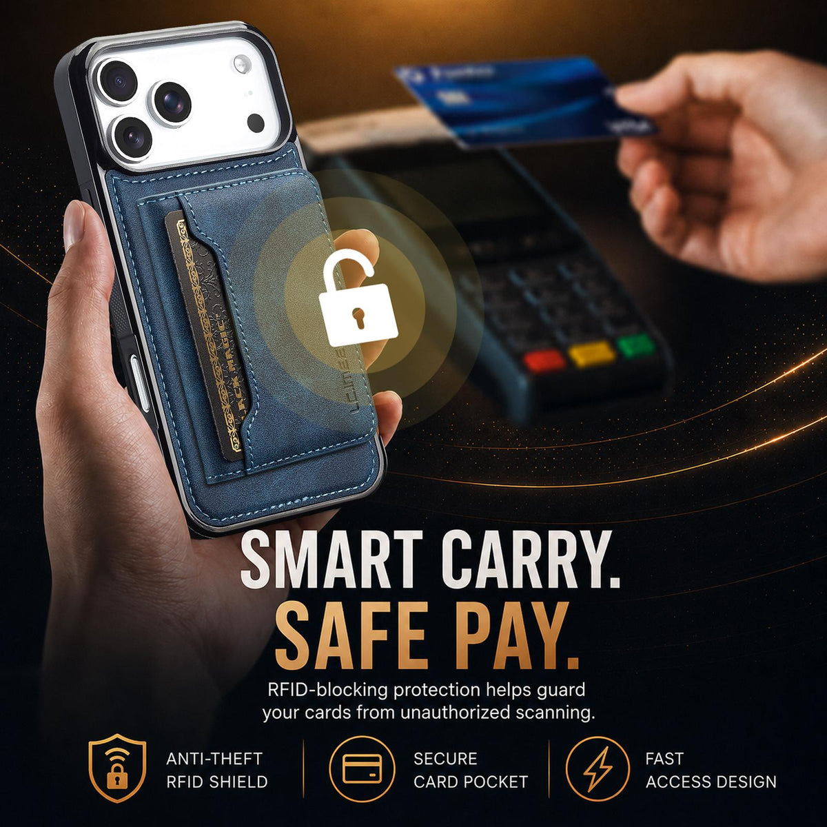 Compatible with iPhone 18 Pro Max & 17 Pro Max LC.IMEEKE L7 Series RFID Card Bag Magnetic Phone Case - Blue
