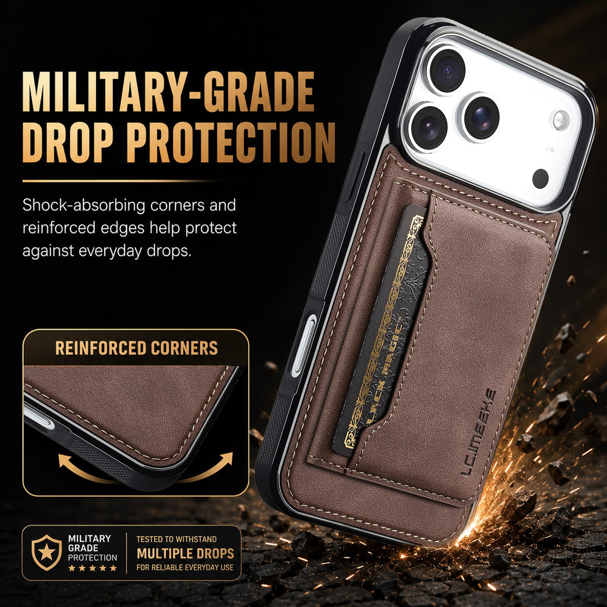 Compatible with iPhone 18 Pro Max & 17 Pro Max LC.IMEEKE L7 Series RFID Card Bag Magnetic Phone Case - Coffee