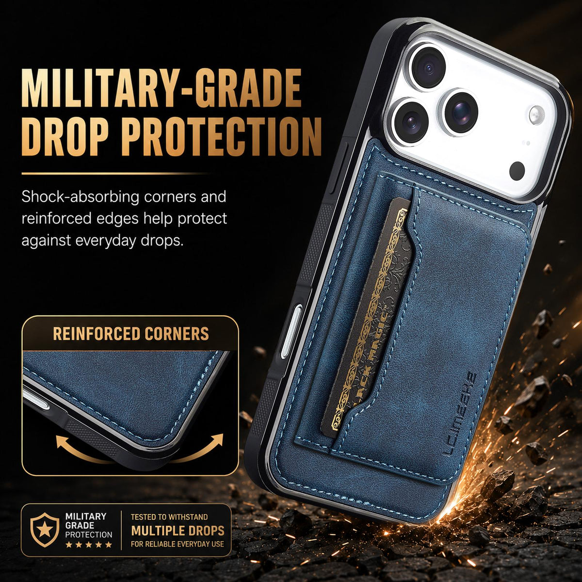 Compatible with iPhone 18 Pro & 17 Pro LC.IMEEKE L7 Series RFID Card Bag Magnetic Phone Case - Blue