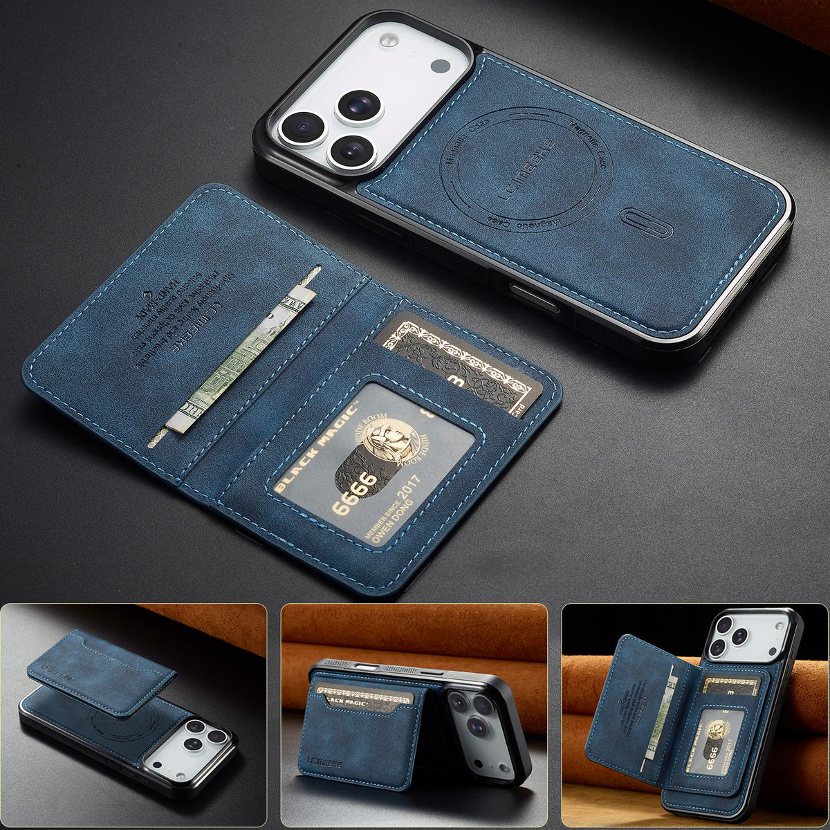 Compatible with iPhone 18 Pro & 17 Pro LC.IMEEKE L7 Series RFID Card Bag Magnetic Phone Case - Blue