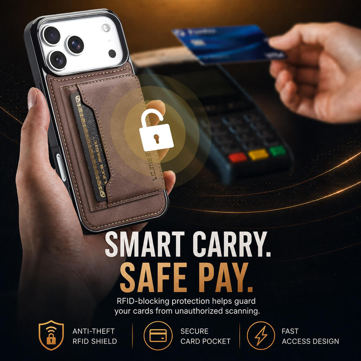 Compatible with iPhone 18 Pro & 17 Pro LC.IMEEKE L7 Series RFID Card Bag Magnetic Phone Case - Coffee