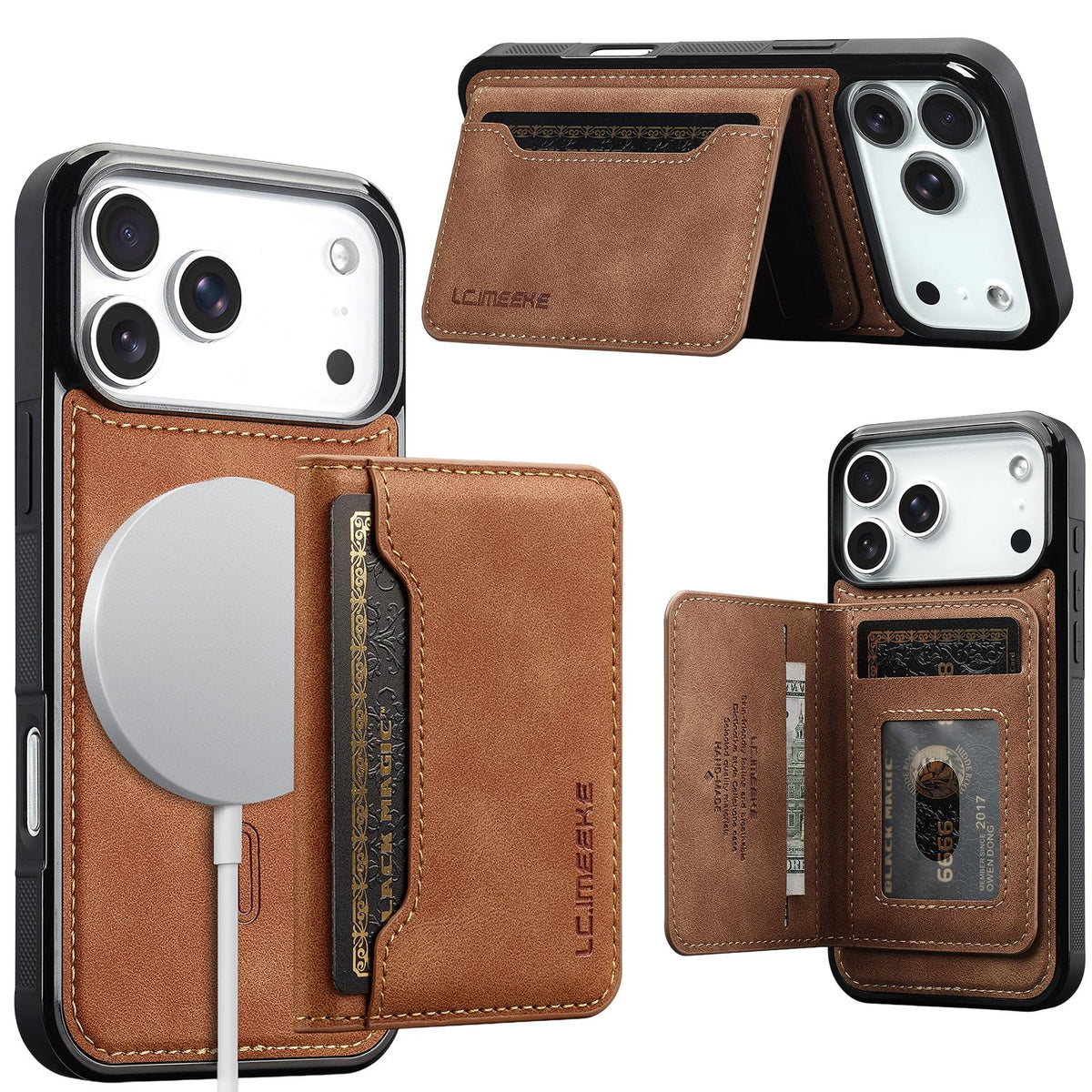 Compatible with iPhone 18 Pro & 17 Pro LC.IMEEKE L7 Series RFID Card Bag Magnetic Phone Case - Brown