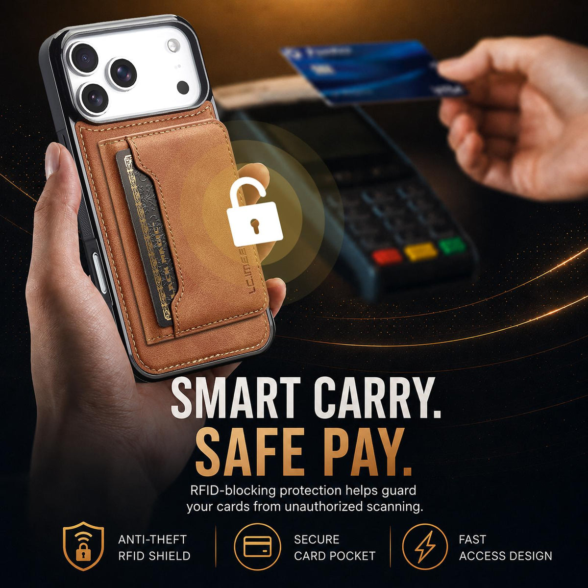 Compatible with iPhone 18 Pro & 17 Pro LC.IMEEKE L7 Series RFID Card Bag Magnetic Phone Case - Brown