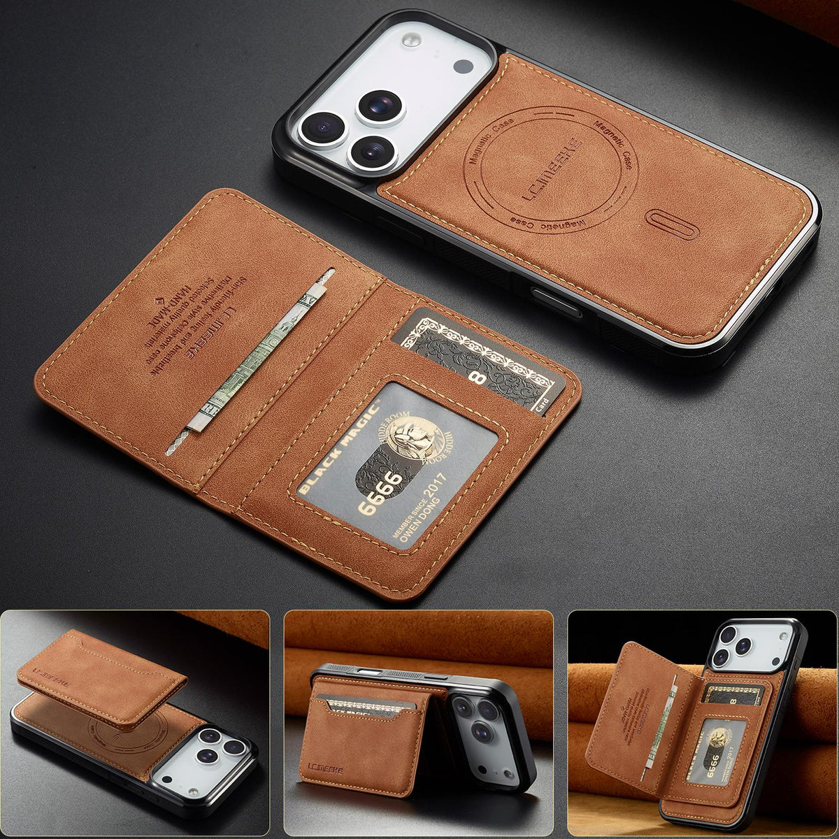 Compatible with iPhone 18 Pro & 17 Pro LC.IMEEKE L7 Series RFID Card Bag Magnetic Phone Case - Brown