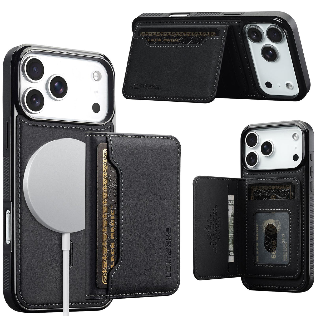 Compatible with iPhone 18 Pro & 17 Pro LC.IMEEKE L7 Series RFID Card Bag Magnetic Phone Case - Black