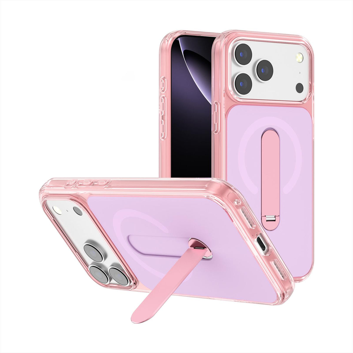 Compatible with iPhone 18 Pro Max Generation Color Block Silicone Magnetic Phone Case with 360 Degrees Holder - Pink
