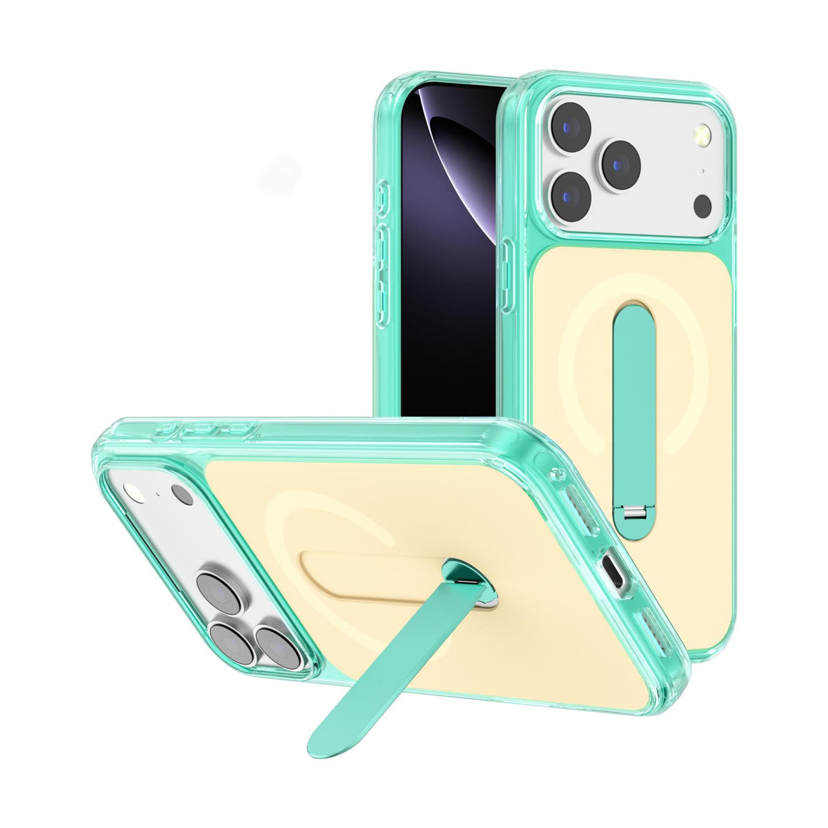 Compatible with iPhone 18 Pro Max Generation Color Block Silicone Magnetic Phone Case with 360 Degrees Holder - Green