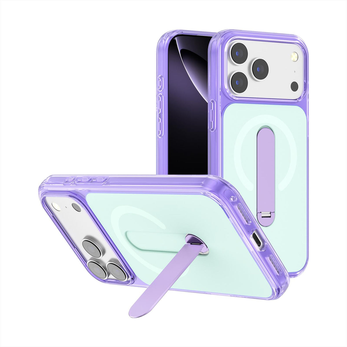 Compatible with iPhone 18 Pro Max Generation Color Block Silicone Magnetic Phone Case with 360 Degrees Holder - Purple