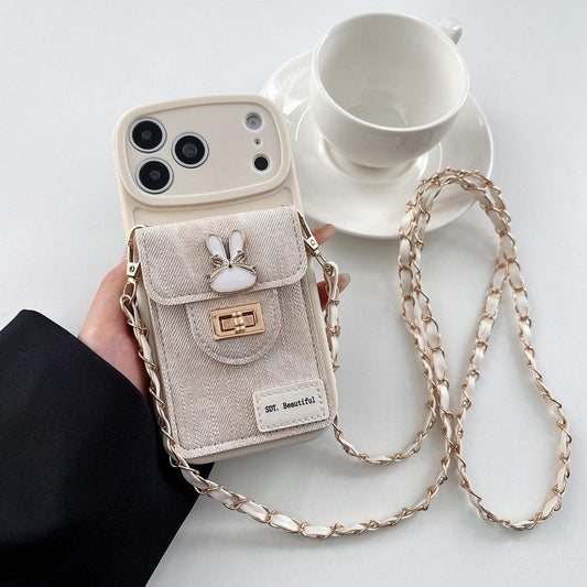 Compatible with iPhone 18 Pro Max Denim Patterned Rabbit Card Bag Phone Case with Crossbody Chain - Apricot