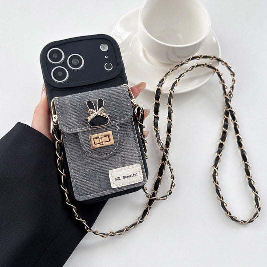 Compatible with iPhone 18 Pro Max Denim Patterned Rabbit Card Bag Phone Case with Crossbody Chain - Black