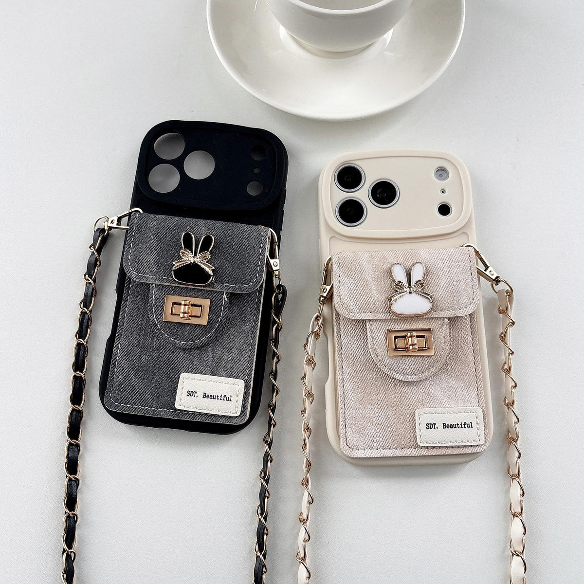 Compatible with iPhone 18 Pro Denim Patterned Rabbit Card Bag Phone Case with Crossbody Chain - Apricot