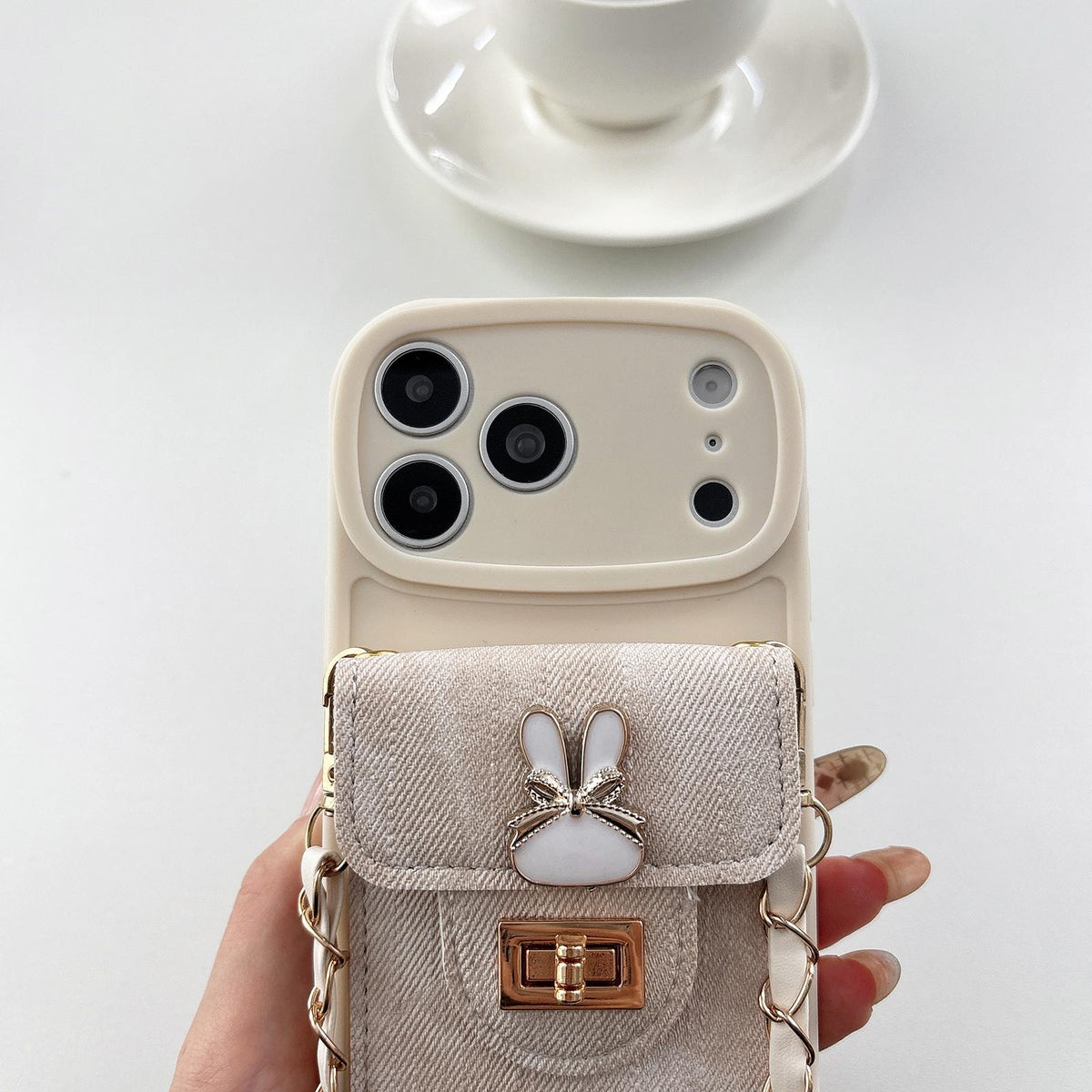 Compatible with iPhone 18 Pro Denim Patterned Rabbit Card Bag Phone Case with Crossbody Chain - Apricot