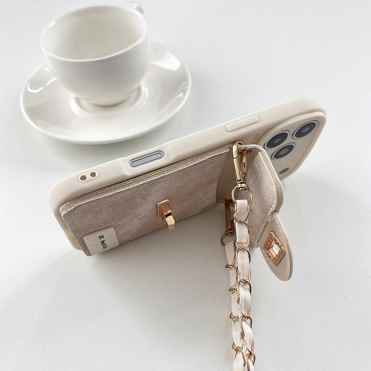 Compatible with iPhone 18 Pro Denim Patterned Rabbit Card Bag Phone Case with Crossbody Chain - Apricot