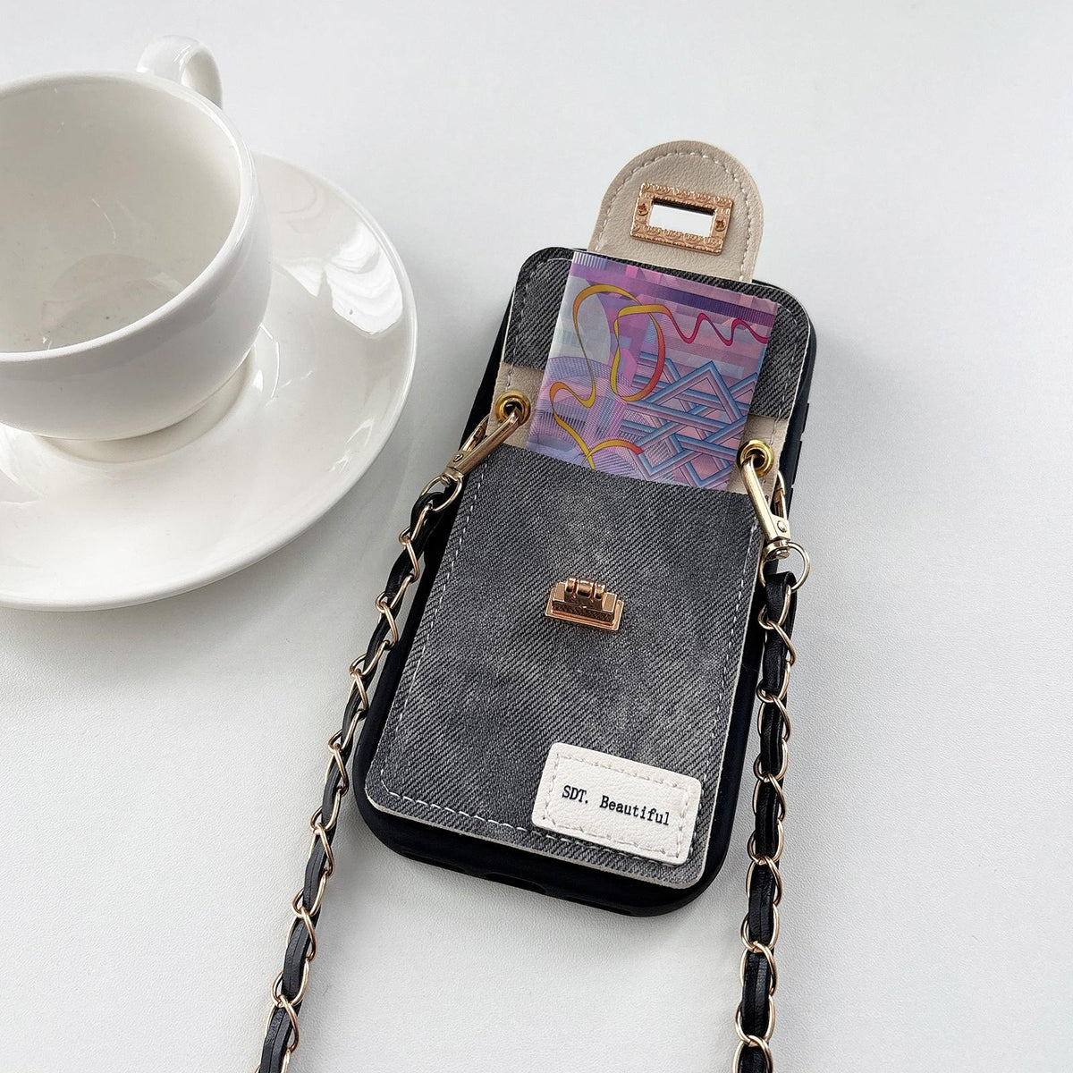 Compatible with iPhone 18 Pro Denim Patterned Rabbit Card Bag Phone Case with Crossbody Chain - Apricot