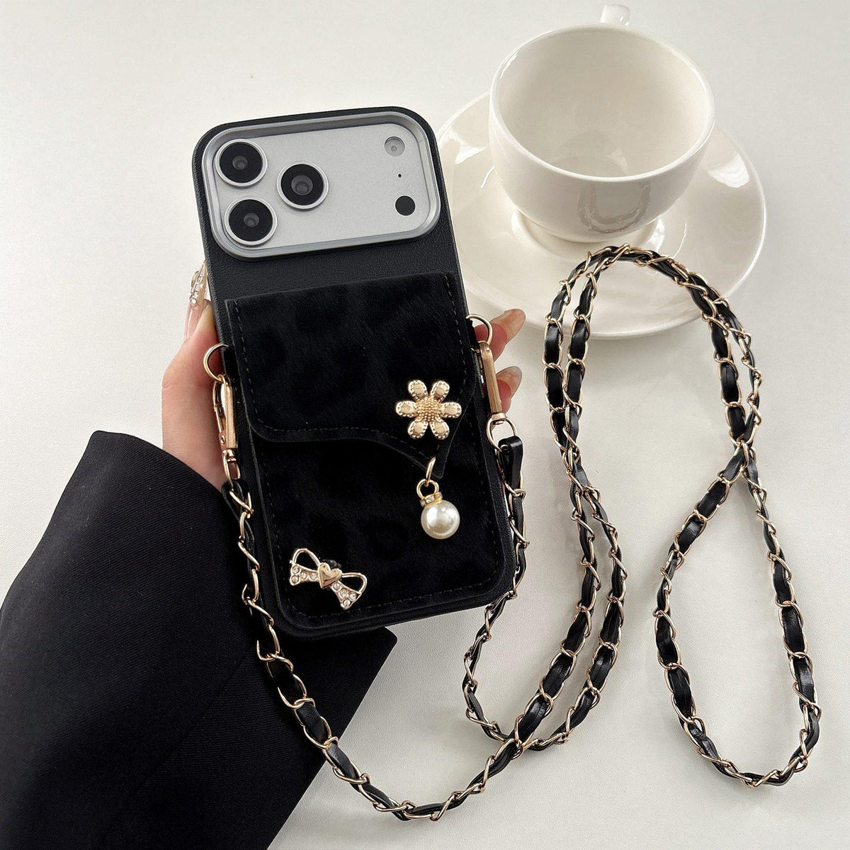 Compatible with iPhone 18 Pro Leather Leopard Print Card Bag Phone Case with Crossbody Chain - Black